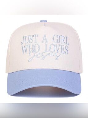 Embroidered “Just A Girl Who Loves Jesus” Cap - Light Blue & Beige - New